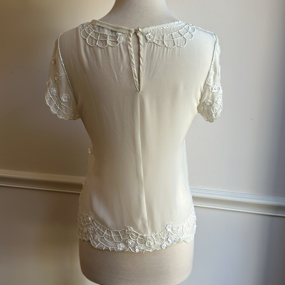 Piperlime Sheer White Beaded Top Blouse Scoop Neck Short Sleeve Size Small EUC - Picture 5 of 9